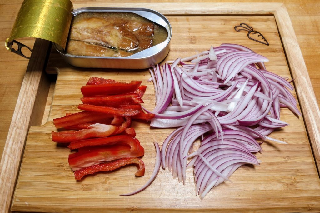 onions, peppers, and kippers