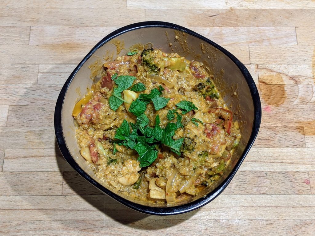 quick curry chicken and vegetables over quinoa