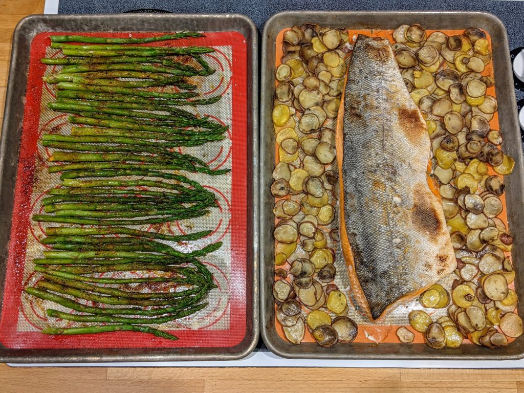 sheet pan salmon, potatoes, and asparagus