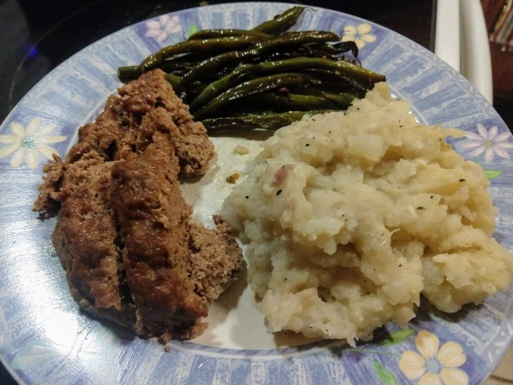 meatloaf, mashed turnips, and green beans