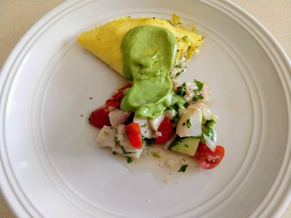 ceviche omelette with avocado sauce