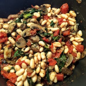 Great Northern beans with mushies, greens, and tomatoes